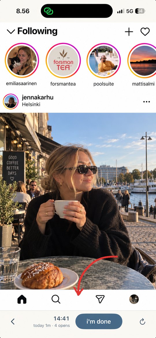 instagram's following feed inside tiny social, stories and a friend's post, with a red arrow pointing at the gap where the reels tab has been removed, and a session timer and an i'm done button at the bottom