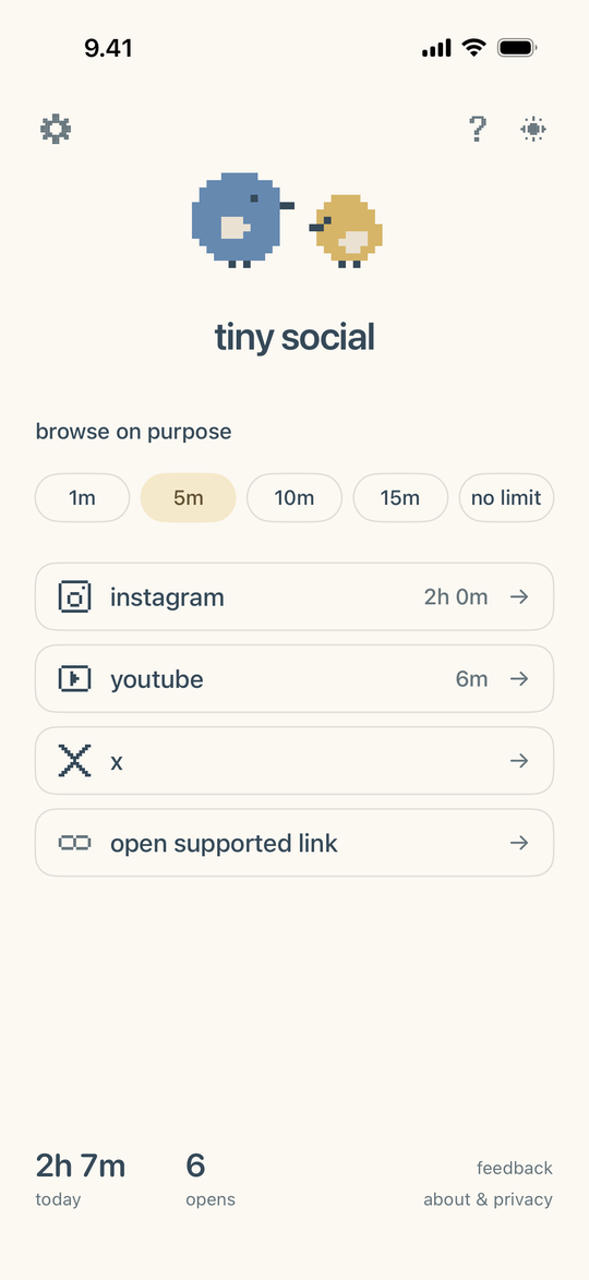the tiny social home screen: two pixel birds, a time limit, then instagram, youtube, x and open supported link